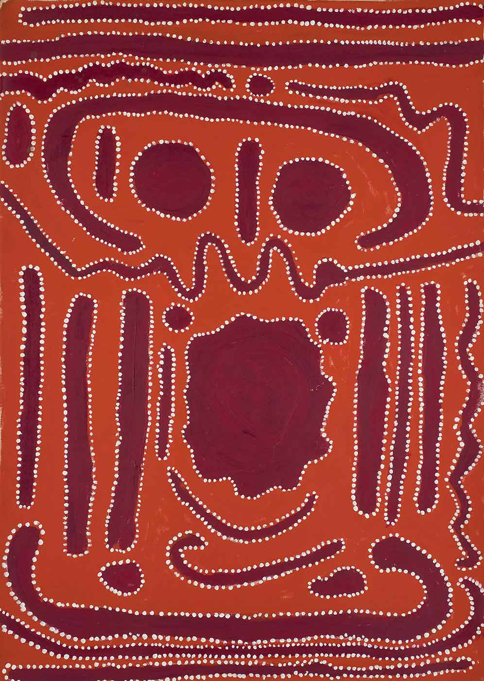 A red-orange toned painting on canvas with purple motifs outlined in white dots. There is a central wavy edged oval with a C shape above and below it. Inside the upper C shape are two circles and two stick like shapes, and above it there are two long horizontal lines and two wavy lines. There is a wavy and straight line between the upper C and the wavy oval, while next to the top of the wavy oval there are two small circles. The wavy oval has four vertical lines on both sides, one of which is wavy and one that is much shorter that the others. Between the wavy oval and the lower C shape there are two curved lines and two uneven oval shapes. Underneath the lower C are two uneven shaped horizontal lines. - click to view larger image