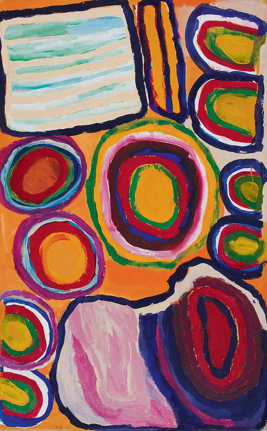 A painting on canvas with beige and mint green horizontal stripes in a navy blue square outline in the top left corner. The centre has a concentric circle in yellow, green, red, blue, brown and pink, with a two lines of four smaller concentric circles flanking it. The line of circles to the left extends from the centre down to the bottom corner, while the right side starts from the side centre and extends to the top right corner. At the top between the square shape and the concentric circles is a rectangular shape in yellow outlined in blue and red with a blue line down the middle. In the bottom right section of the painting is a shape with stripes and concentric rings of pinks, blues and purples with a black outline. - click to view larger image