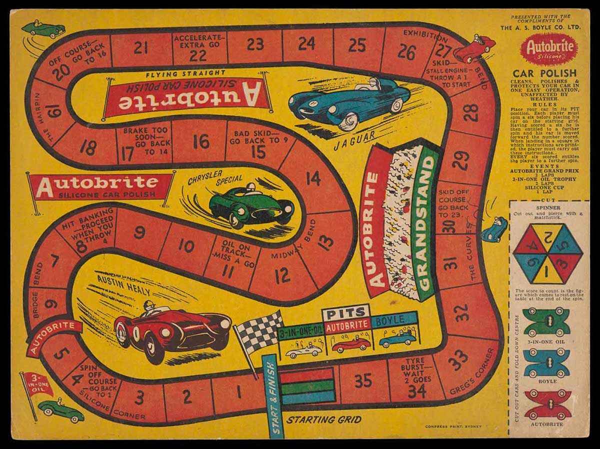 A colour-printed game board inscribed in part 'Autobrite, Silicone, CAR POLISH'. A stamp verso reads in part 'J.H. GARDINER & CO. PTY. LTD. ...'. - click to view larger image