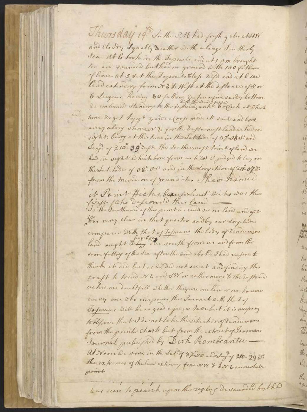 Handwritten journal entry by James Cook  - click to view larger image