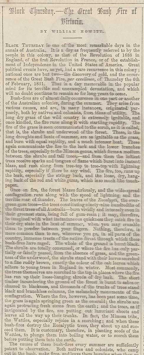 Newspaper clipping, 'BLACK THURSDAY – THE GREAT BUSHFIRE OF VICTORIA. BY WILLIAM HOWITT.' - click to view larger image