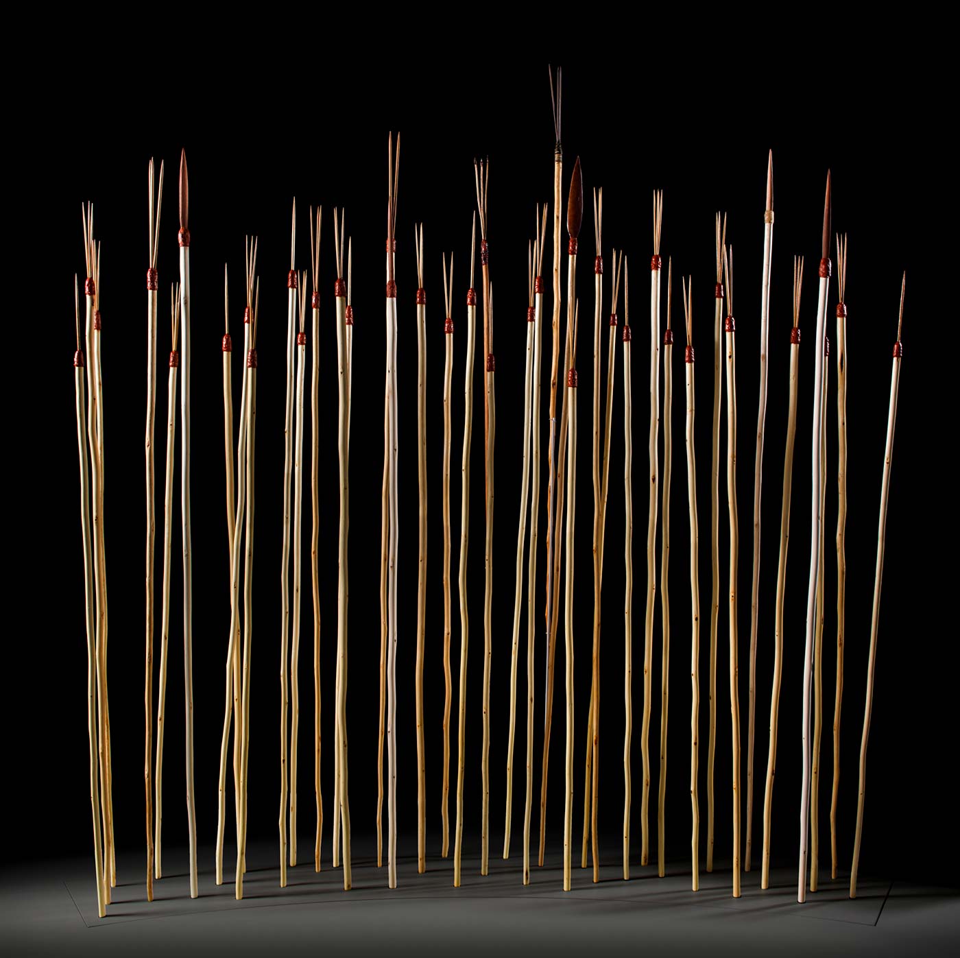 A large collection of spears on display. One type of spear has three sharp prongs and the other type features elongated shapes.