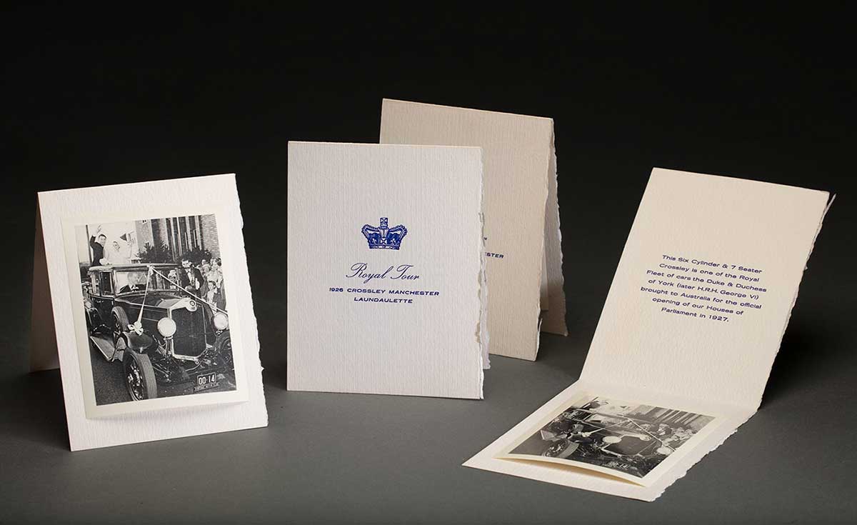 An image of three black and white mounted photographs showing a wedding party surrounding a car. - click to view larger image