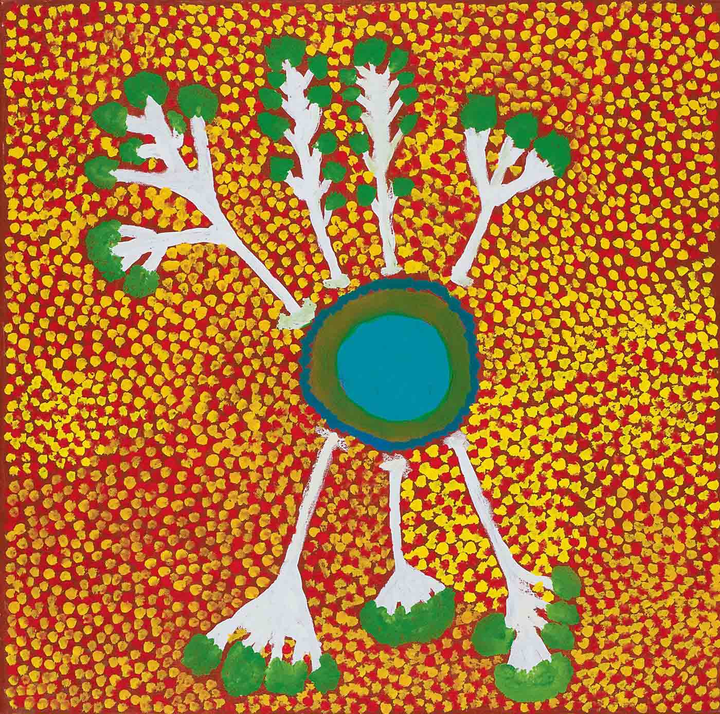 A square painting on canvas with a concentric circle in turquoise, green and blue in the centre with four tree branches in white and green protruding from the top, and three from the bottom. The background of the painting is brown with an overlay of yellow and red dots. - click to view larger image