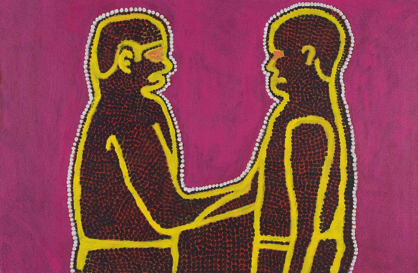 A painting on canvas of two human figures facing each other and joined at the hand or arm. The figures are outlined in yellow and filled with black dots over a pink background, with a white dotted edge around the two figures. The background is a dark pink-purple.  - click to view larger image