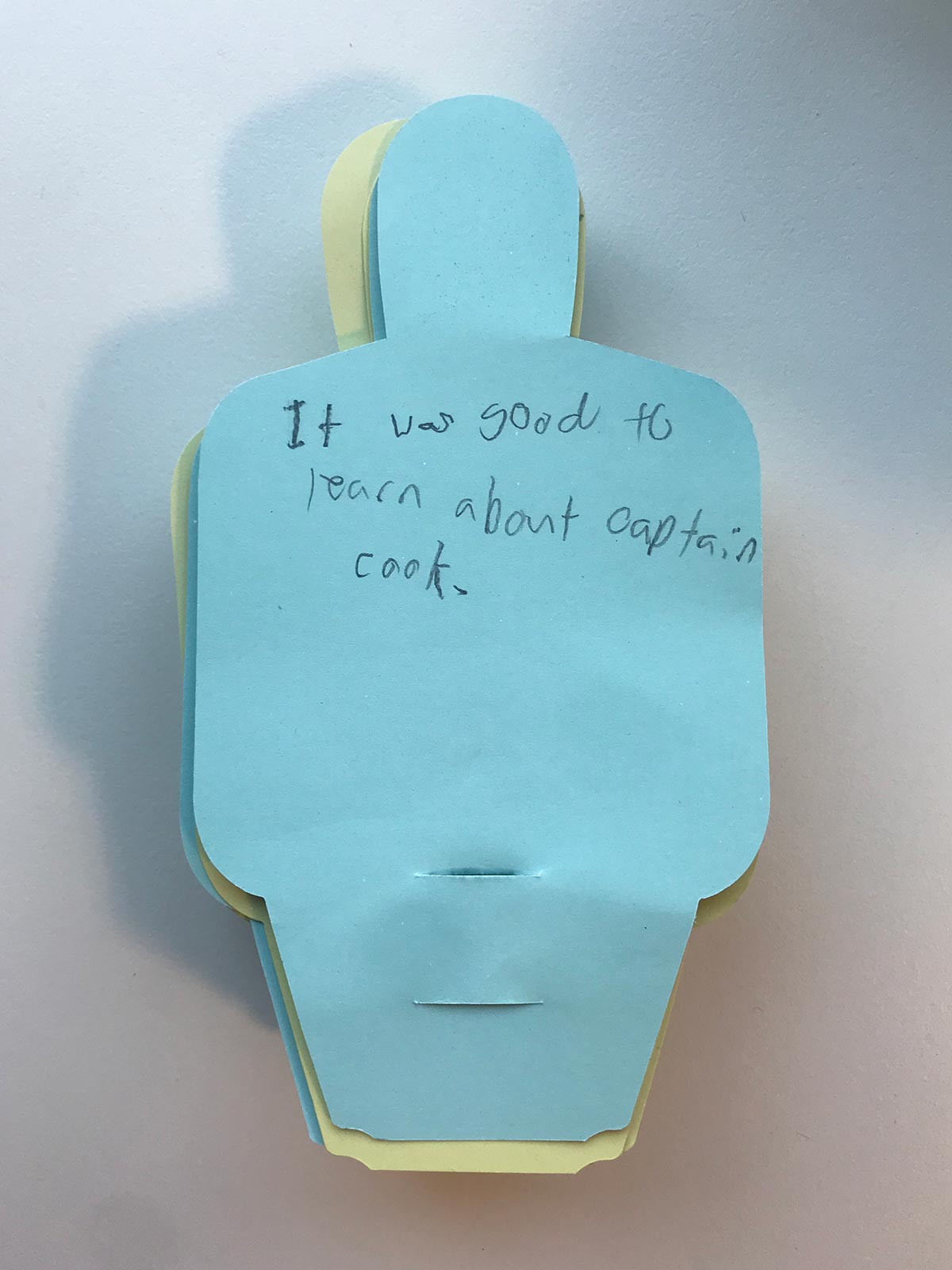 Paper figure with hand written text. - click to view larger image