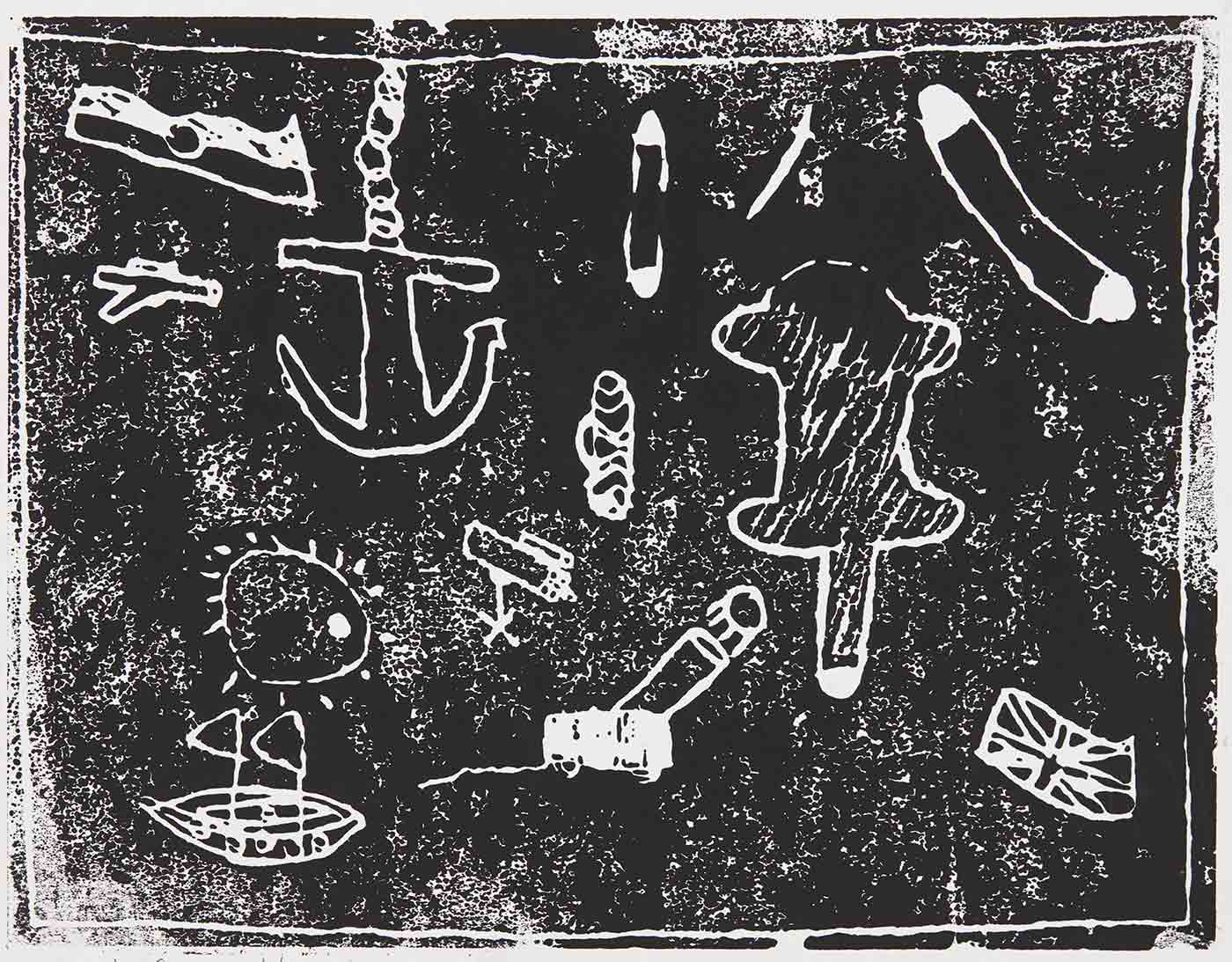 A black print on white cardboard with various forms, some of which include, a boat, cannon, a chained anchor, the British flag and the Australian Aboriginal flag. The print is signed 'Khani Carruthers' and titled ''The space of Artifacts''. - click to view larger image