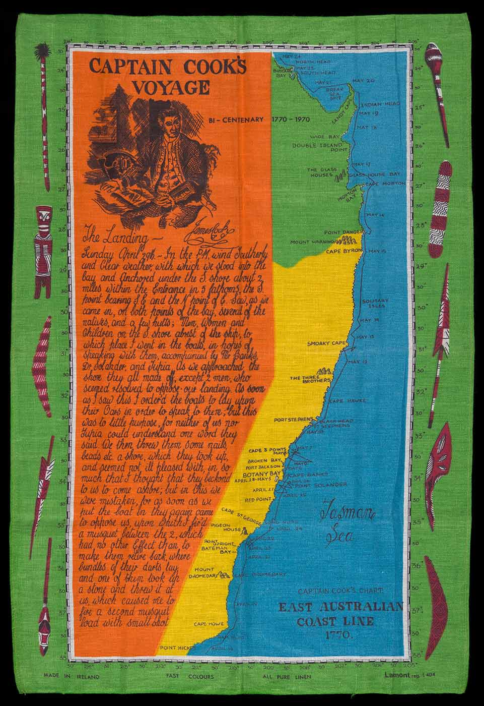 A tea towel featuring a map of the coast of Australian from Point Hicks to Sandy Cape. The tea towl has text from Cooks journal and a heading that reads 'CAPTAIN COOKS / VOYAGE' and 'BI-CENTENARY 1870-1970'. - click to view larger image