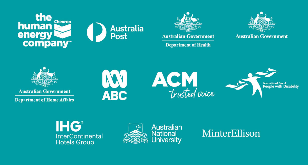 Logos of organisations supporting the Australian of the Year 2021 including Chevron, Australia Post, Australian Government Department of Health, Australian Government, Australian Government Department of Home Affairs, ABC, ACM, International Day of People with Disability, InterContinental Hotels Group, Australian National University and MinterEllison.