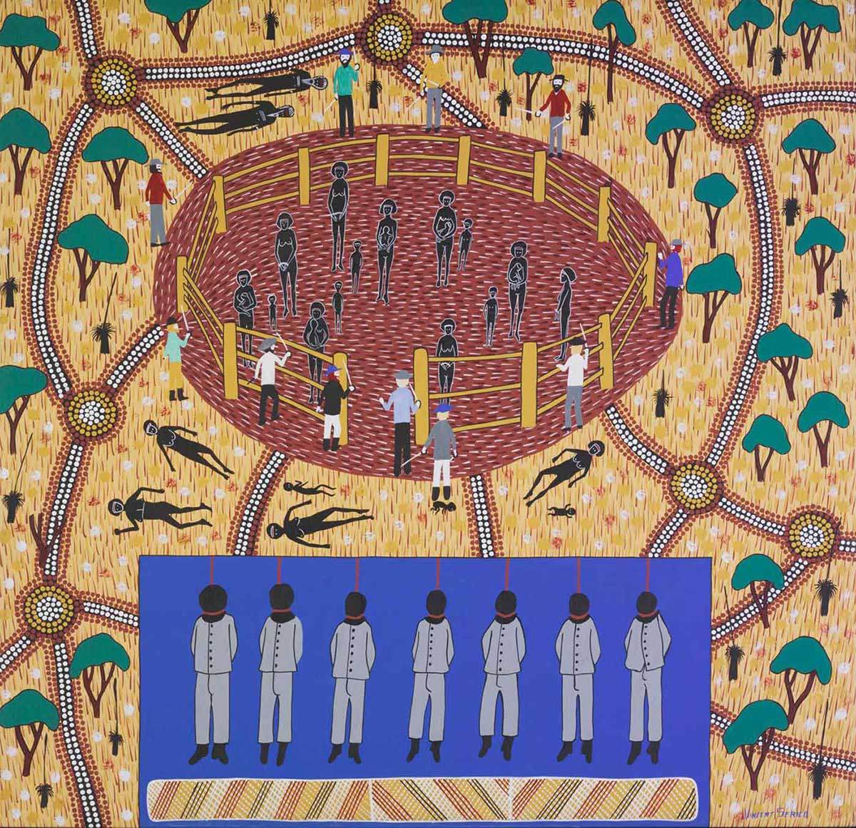 An acrylic painting on canvas depicting a circular corral area surrounding fourteen Aboriginal figures, while ten white figures stand around the outside. The surrounding landscape features trees and nine prone Aboriginal figures. At the bottom is a blue rectangular area containing seven hanging Aboriginal figures dressed in grey with their hands behind their backs. The artist's signature is written in blue in the bottom right corner and reads 'VINCENT SERICO'.