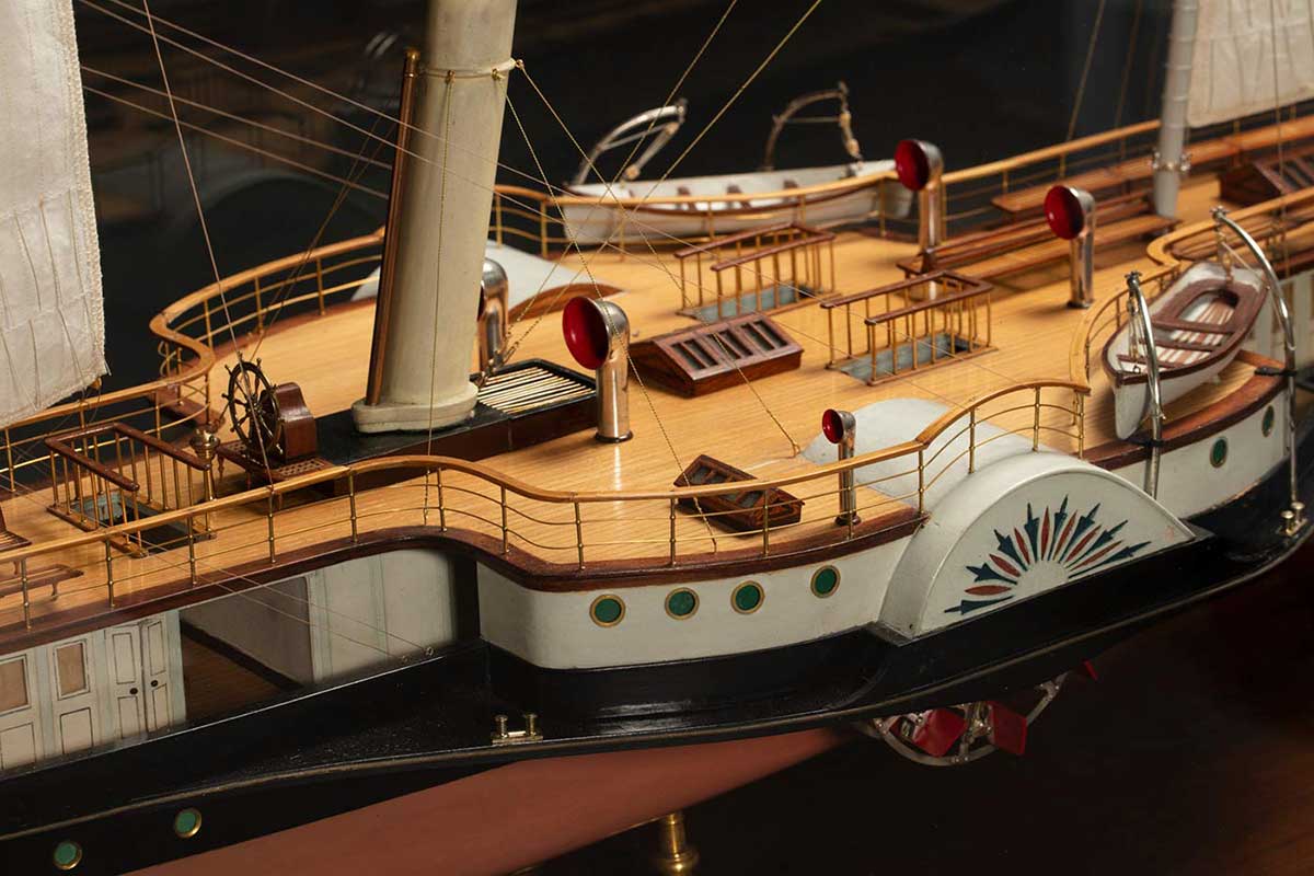 Detail of a model of a ship featuring the deck. - click to view larger image