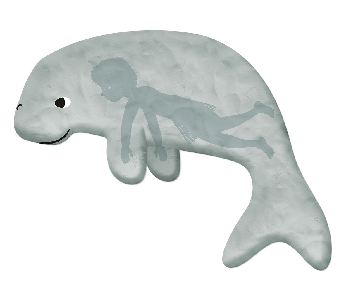 Digital illustration of a silhouette of a child inside a dugong.. - click to view larger image