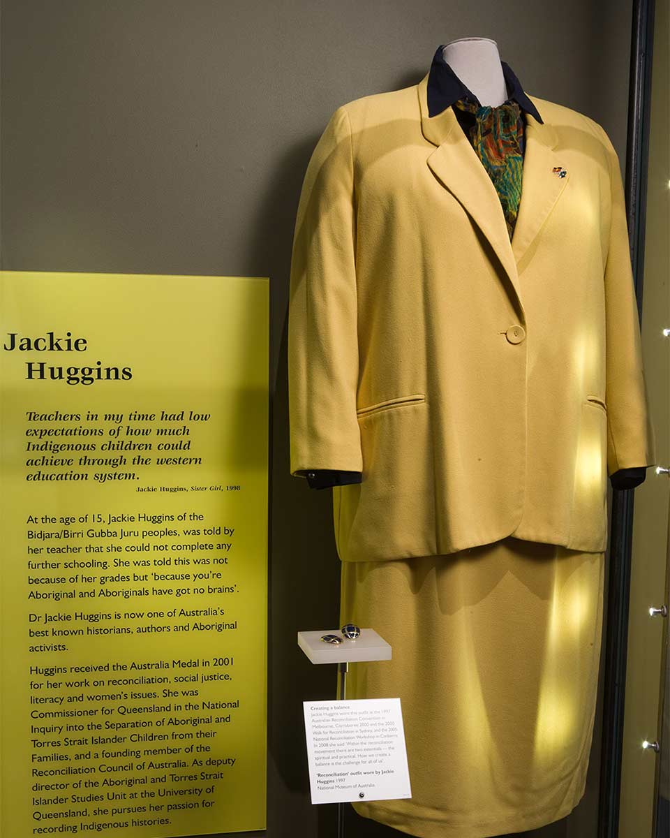 Clothing and accessories on display for the Jackie Huggins collection. - click to view larger image