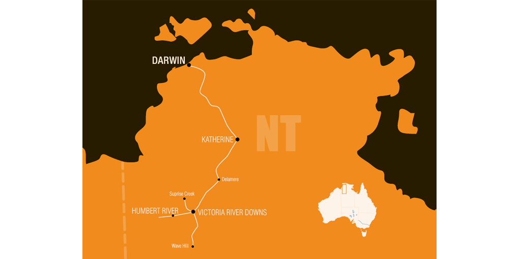 Map outlining the expedition in 1922 in the Northern Territory. The stylised map only shows the expedition routes as white lines; there is no topographic or other information. The main map features locations such as Darwin, Katherine, Victoria River Downs and Wave Hill. The upper half of the NT and its coastline is depicted. In the bottom right corner is a small white map of Australia showing the main map area covered. In the main map, the NT land mass is ochre yellow and the sea is dark brown.
