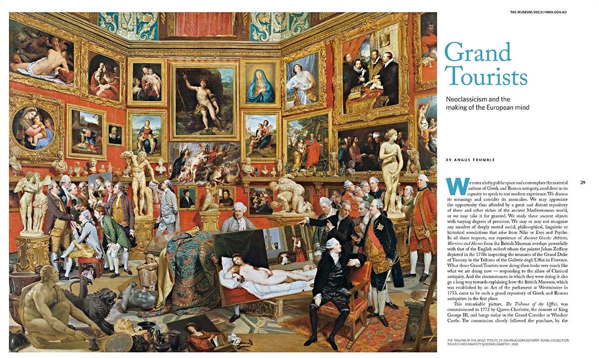 Magazine spread featuring a detailed image of a gallery full of paintings and sculptures. Men dressed in 17th Century clothing are congregated in and around the artworks. - click to view larger image