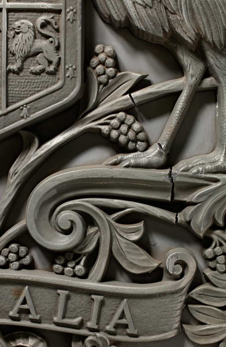 Detail of a damaged Australian coat of arms. - click to view larger image