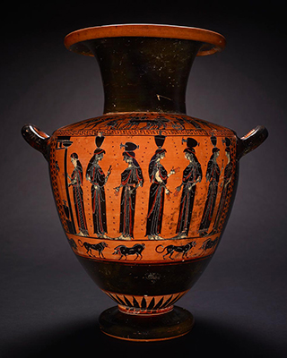 A vase with a broad opening, small base and an illustration of a row of women carrying vessels on their heads, with animals below.