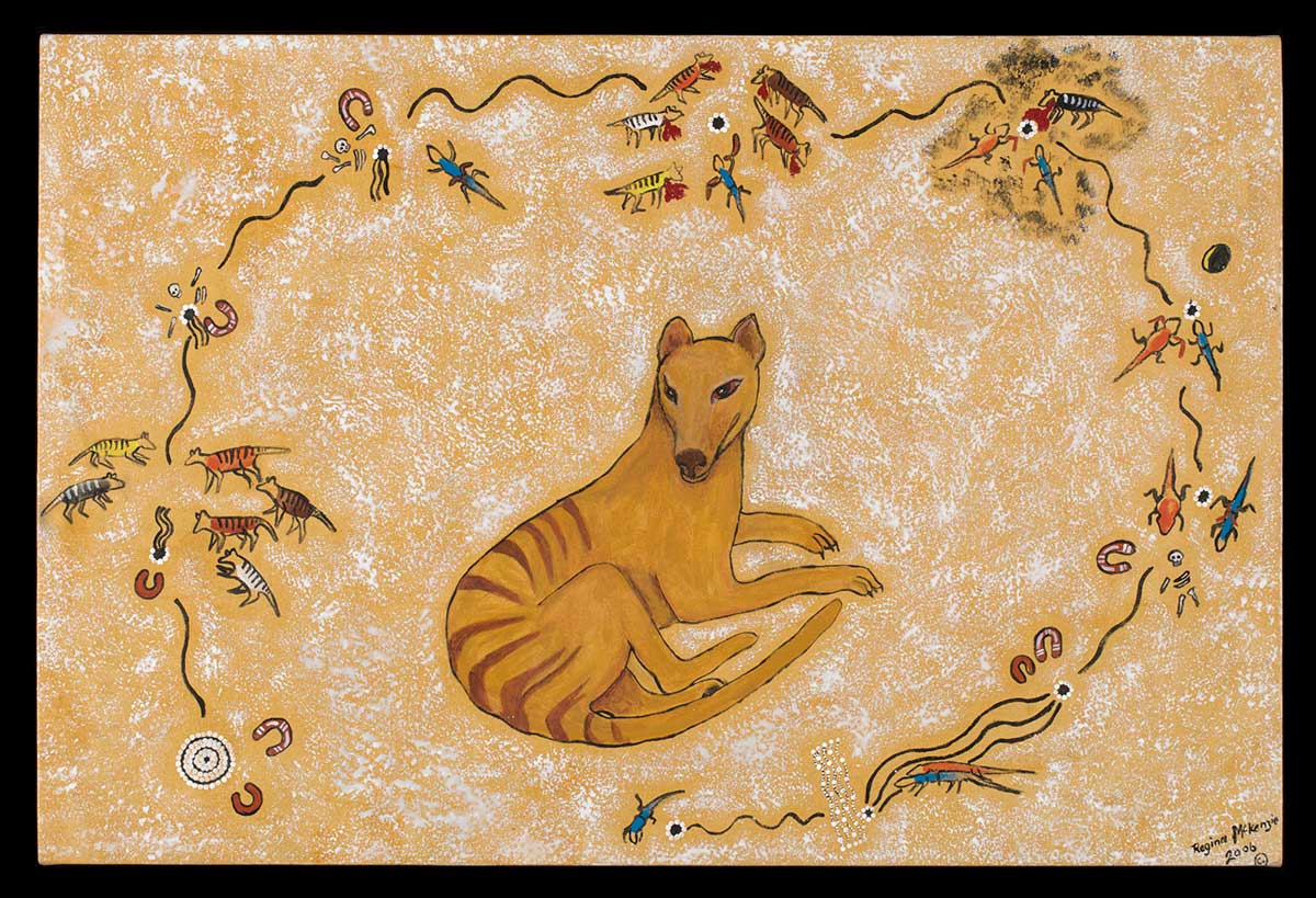 A yellow coloured painting on canvas with white sponge effect featuring a seated orange coloured thylacine [Tasmanian tiger]. Circulating around the thylacine is a border made up of several smaller pictures of goannas and thylacines interspersed with lines and symbols.