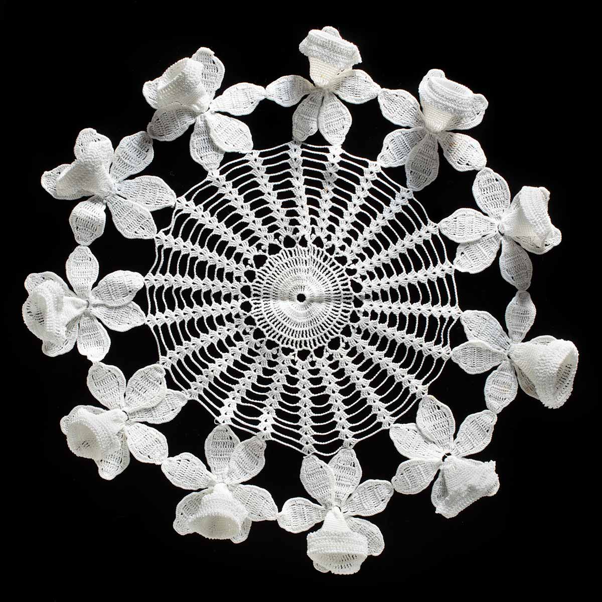 Round white crocheted doily on a black background. The centre and middle of the doily is made with a detailed web-like design. Around the edges of the doily are 11 crocheted three-dimensional daffodils. - click to view larger image