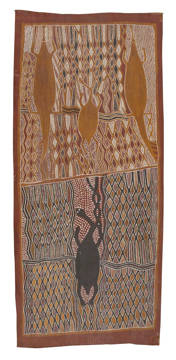 A bark painting worked with ochres on bark. The painting is divided into two panels. The upper panel depicts two yellow crocodiles and a yellow turtle while the lower one depicts a black turtle. The background to both panels contains diamond patterns with crosshatching. The patterns in the upper panel are outlined in white and in the lower panel in black. - click to view larger image