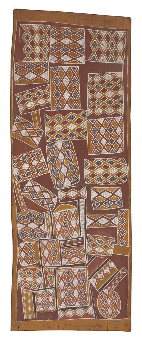 A bark painting worked in ochres. It depicts irregularly shaped squares, oblongs and circles decorated with diamond patterns and crosshatching. The painting has a red background with a yellow border. - click to view larger image