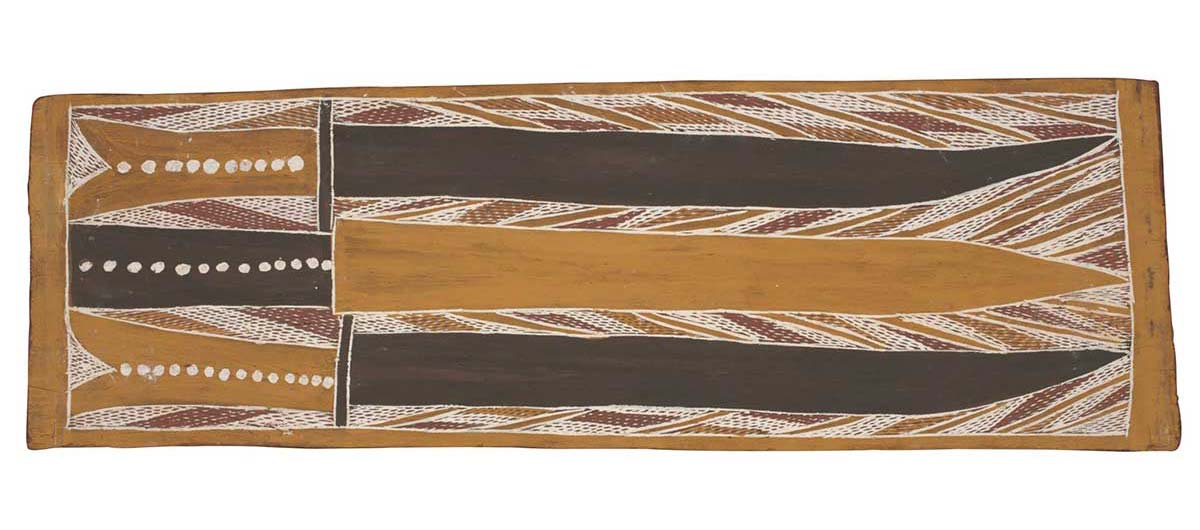 A bark painting worked with ochres on bark. It depicts three Macassan swords with a line of dots on each hilt. The painting has a crosshatched background with the edges of the bark painted yellow. - click to view larger image