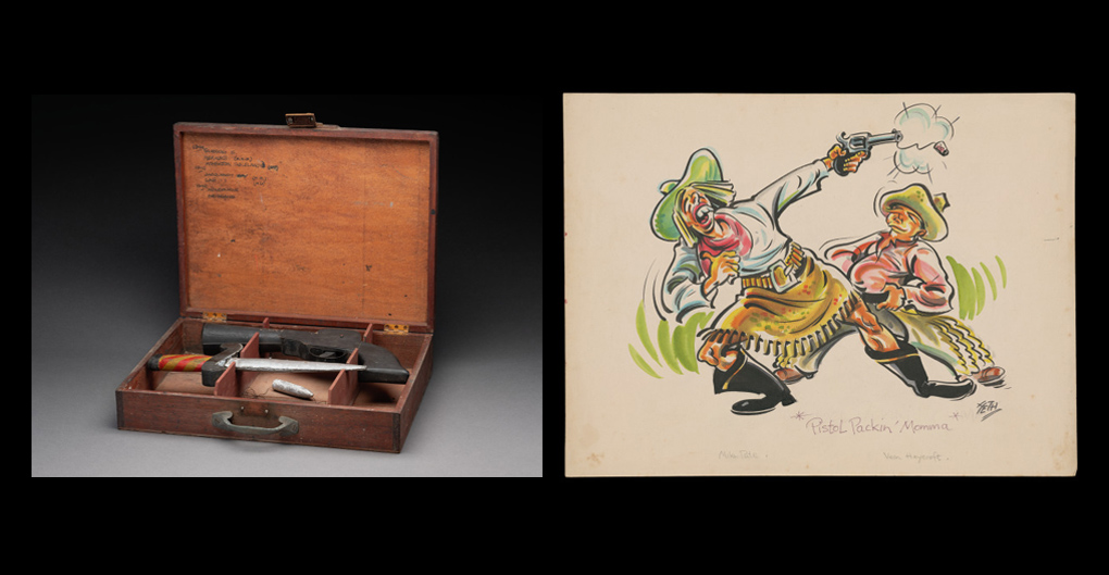 Left photo: A hinged wooden box with black prop pistol, silver bullet and dagger. The dagger blade is silver and the handle is painted with red and yellow stripes. Right photo: Water colour painting for a costume design. The scene depicts two cowboy figures, one is firing a gun with a cork the other stand with his stands on his belt.