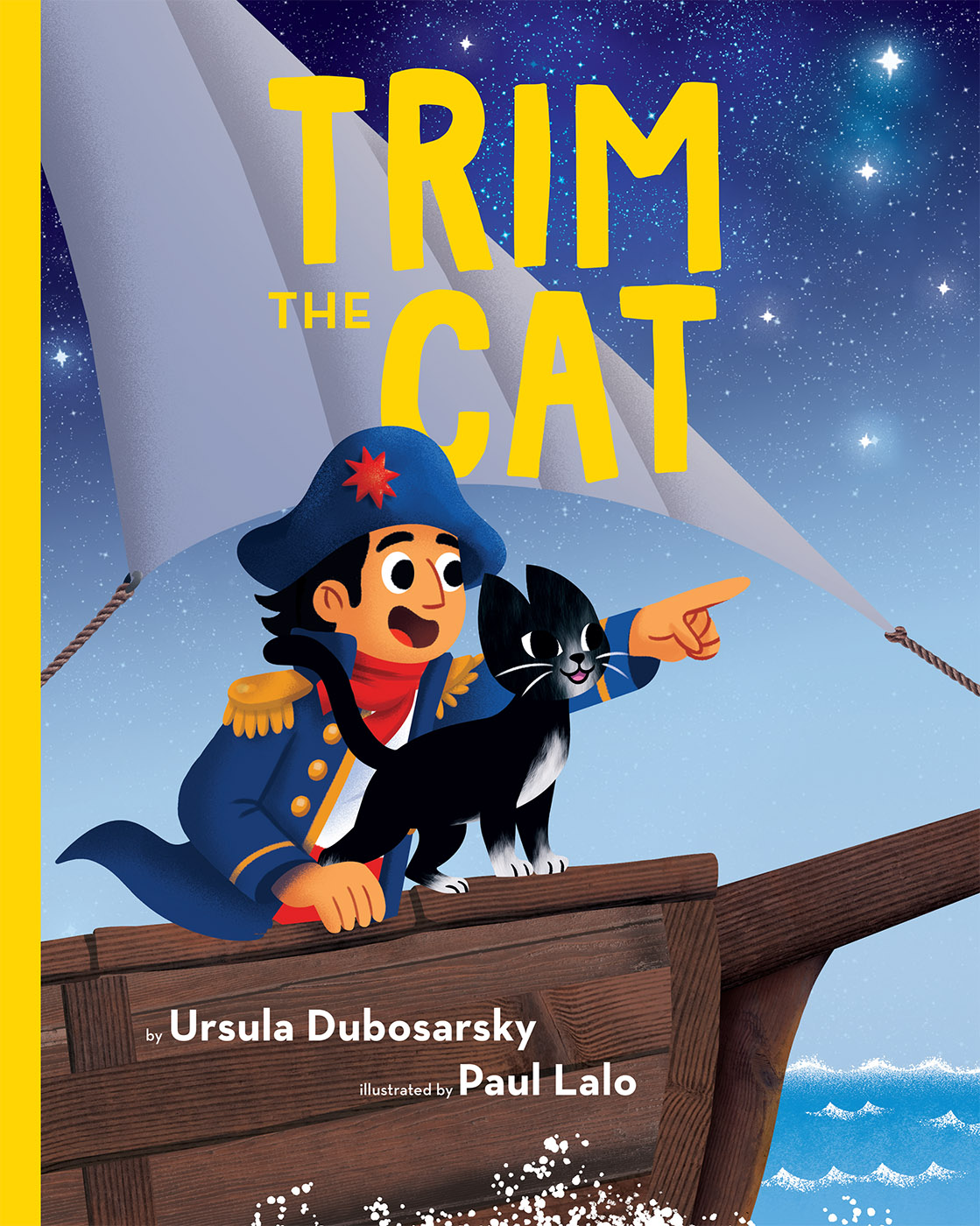 Picture book cover showing an excited captain pointing ahead with a black and white cat at the front of a ship, with title text ‘Trim the Cat’.