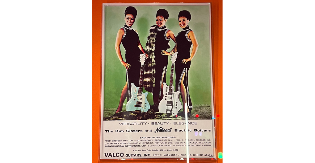 The poster features three women with wide, beaming smiles, standing in confident poses in a row, wearing matching sleeveless, tightfitting, floor-length black dresses with a high slit on one side, high necks and a white trim of rhonestones. They have matching hairstyles, of high, beehive hairdos, and heavy eye make up, both characteristic of 1960s fashion. The two flanking women are holding standing electric guitars, the left in a baby blue and the right in a white; the central figure wears a long fur stole draping down over her right shoulder and reaching past her knees; another fur stole has been tossed to the ground. The background is a soft green background, close to a duck egg blue.