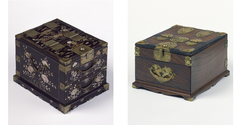 These gyeongdae are ornately crafted, using lacquered wood with abalone shell inlay and brass fittings. They feature floral and bird motifs and geometric designs. Small internal draws are visible, as are handles. 