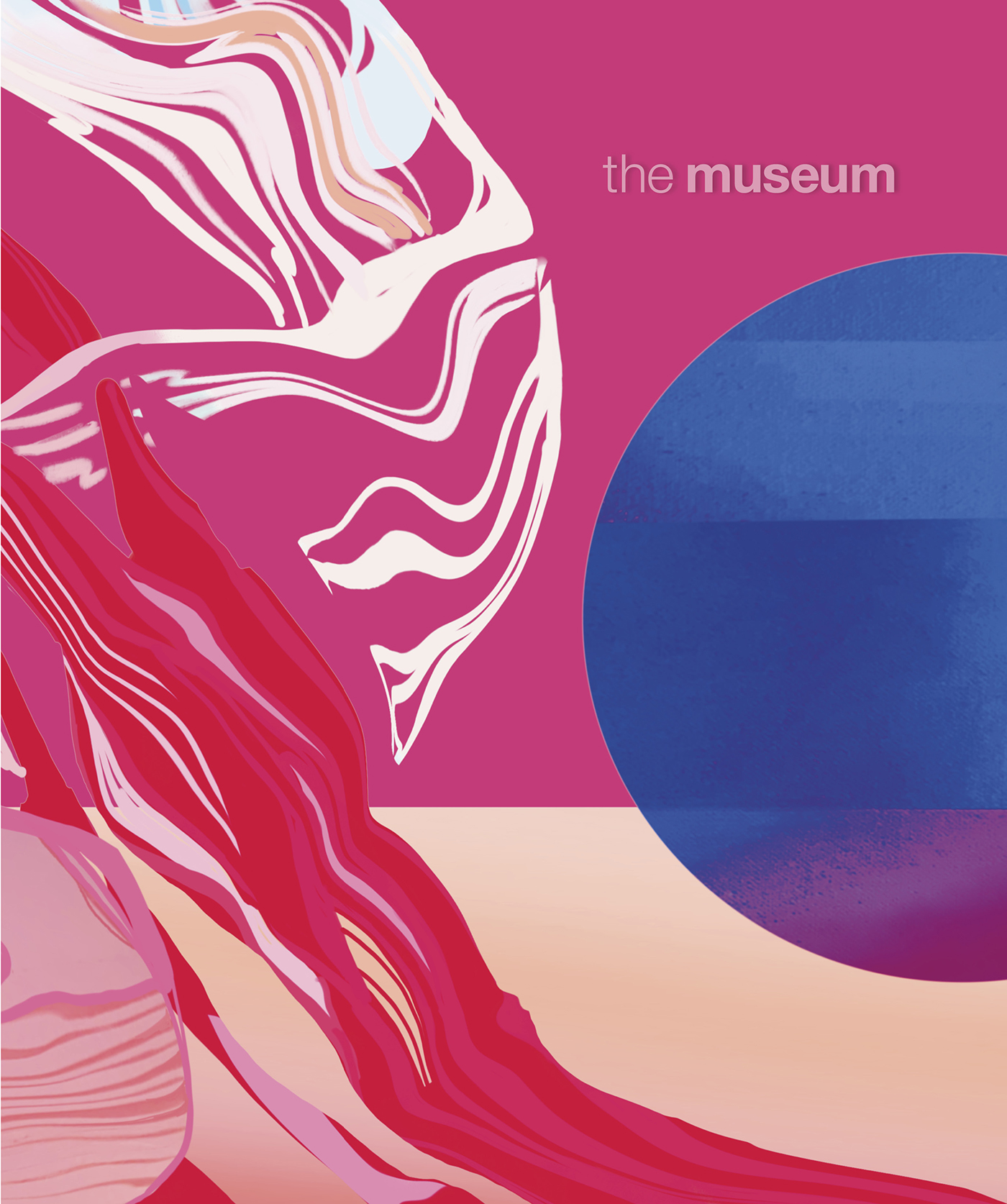 The cover of the Museum magazine issue 26. The cover is pink and red with swirls pink tones and a blue half circle with purples and red.
