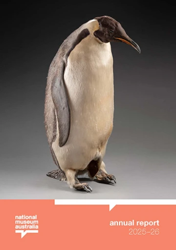 Annual report cover for National Museum showing an image of a Penguin from the Antarctica Collection.