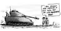 Cartoon showing a large army tank pointed at an Indigenous couple, with the female commenting to her husband that this wouldn't have happened if he'd taken that job with Macquarie Bank.