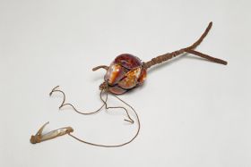 Fishing bait or lure made of the backs of cowry shells to resemble an animal. Fishing line of plant fibre is tied to it and a mother-of-pearl hook.