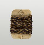 Cord made of plaited flax, yellow and brownish-black, and wrapped around a card.