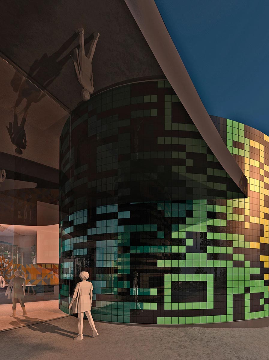 An artist's rendition of a multi-coloured building.