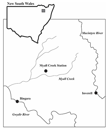 Map showing location of Myall Creek station in north-western NSW.