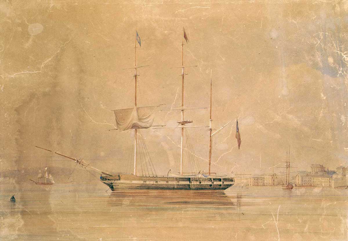 Faded and damaged watercolour of a ship at anchor with what is likely to be Sydney in the background. Two other ships are visible in the background. - click to view larger image