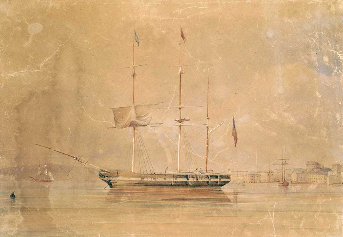 faded and damaged watercolour of a ship at anchor with what is likely to be Sydney in the background. Two other ships are visible in the background. - click to view larger image
