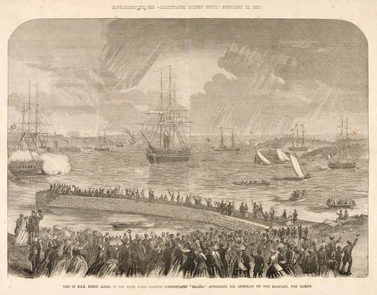 Etching of harbour scene in which a tall ship is prominent. Crowds line the foreshore.