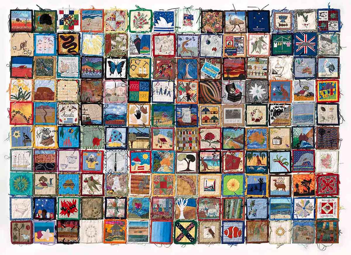Quilt made from 140 individually designed squares.