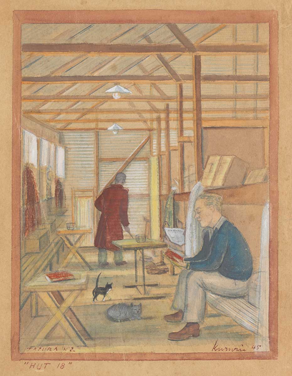 Artwork featuring the interior of a large shed fitted out with sleeping quarters. A few men are casually reading, while a couple of cats wander about. - click to view larger image