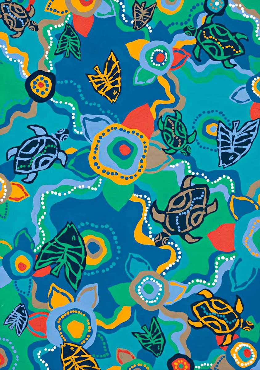 A gouache painting on paper. The design features several fish and turtles in with geometric pattens. The background has flower motifs, wavey lines and white dots. The colours are dark and pale blues, teal green, and yellow ochre and red highlights. The painting has been attached to a white piece of cardboard. The text 'Balarinji' is handwritten in pencil on the right hand side of the lower edge of the cardboard. - click to view larger image