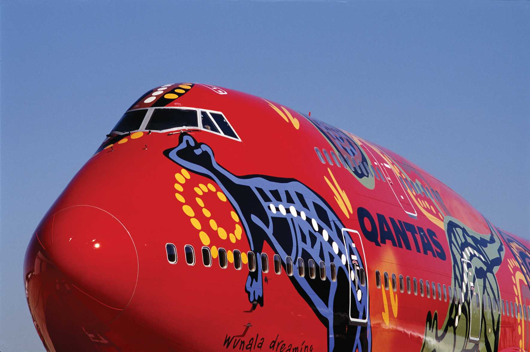 Front of a large aeroplane, painted in Aboriginal designs on a red backdrop. - click to view larger image