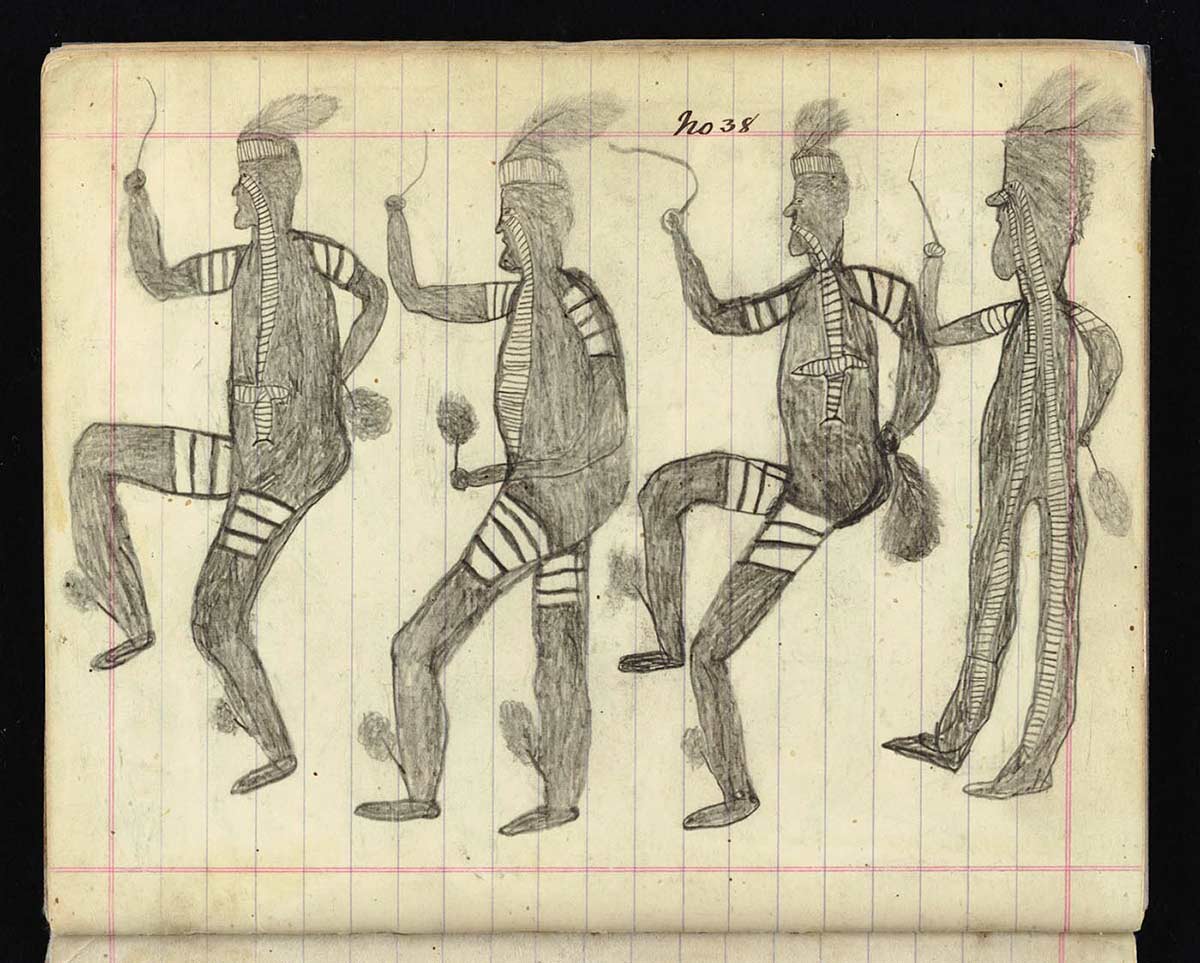 Page from notebook headed 'No.38' and depicting four male figures in costume dancing.
