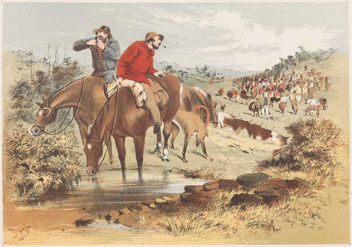 Watercolour painting of two men on horseback with their dog beside them. One man is looking back over his shoulder towards a large herd of cattle and drovers in the distance. - click to view larger image