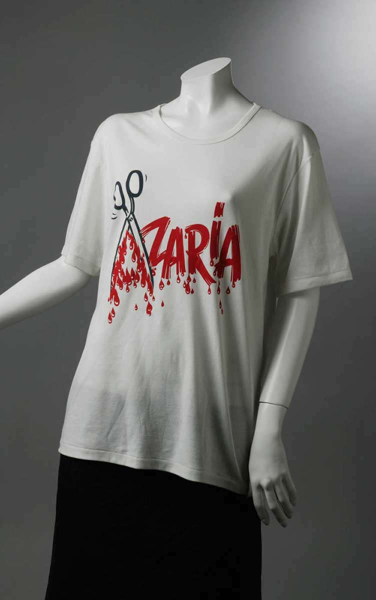 T-shirt with 'Azaria' written in red and the 'A' formed by an open pair of scissors. - click to view larger image