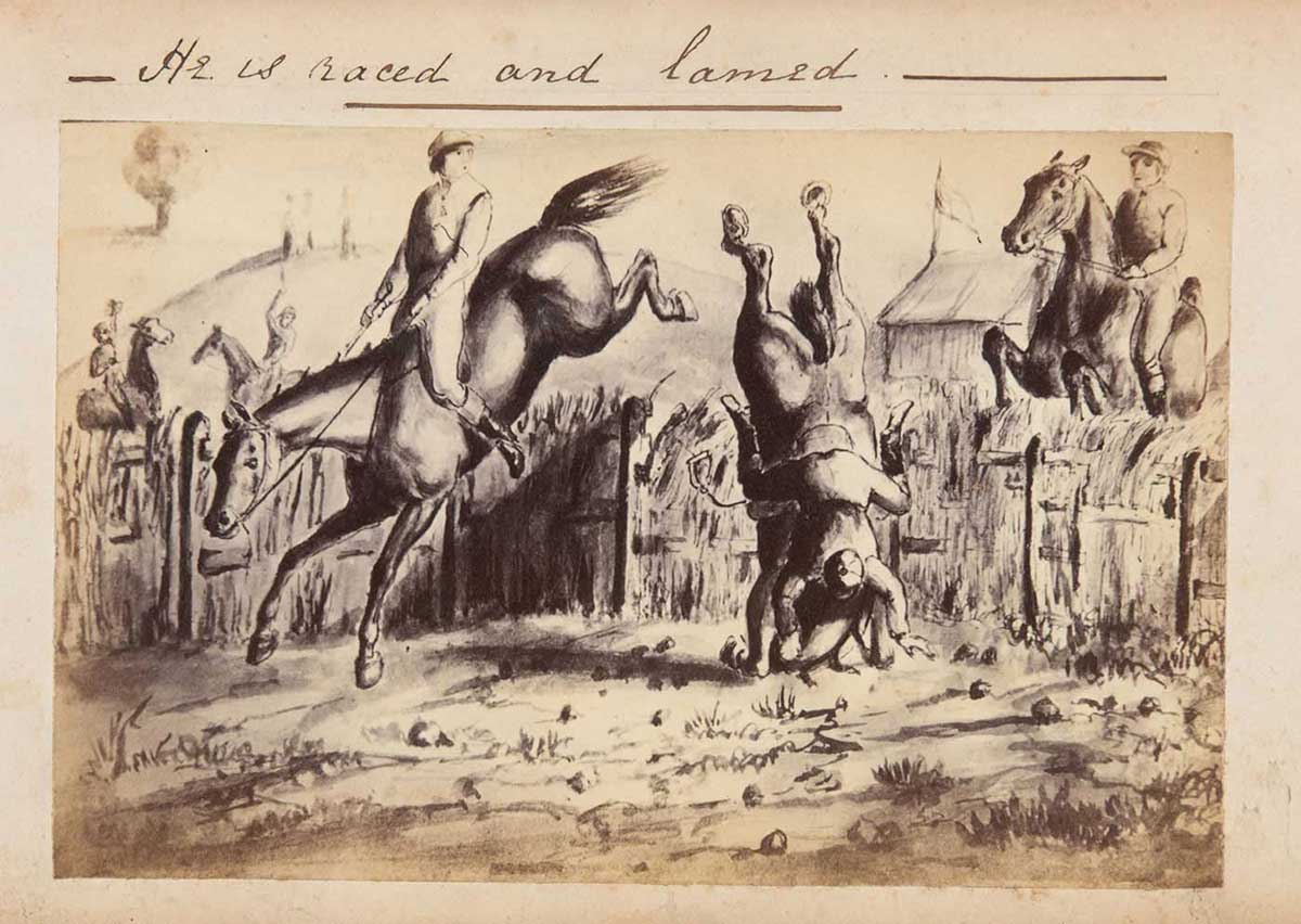 Illustration of men on horses in an enclosed yard. One man and his horse is falling to the ground while another looks on with a worried expression. There is text at the top that reads 'He is raced and lamed'. - click to view larger image