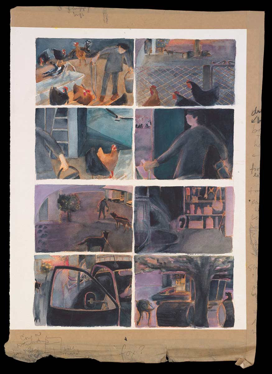 A painting, divided into eight panels, showing a woman feeding chickens, the interior and exterior of a garage, and two farm dogs. - click to view larger image