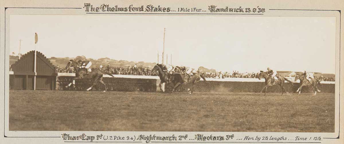 A black and white photo of Phar Lap winning the Chelmsford Stakes, 1930. - click to view larger image